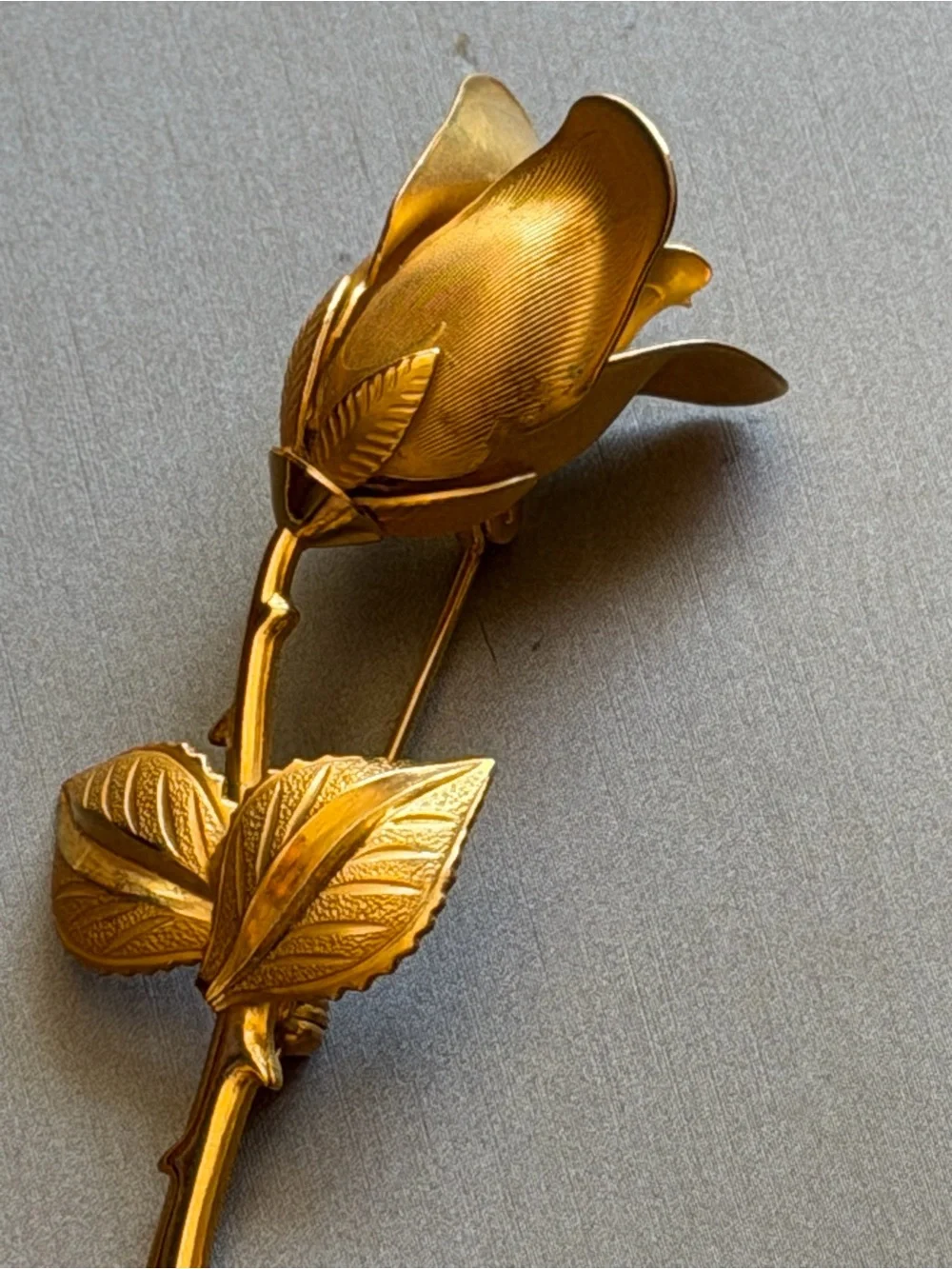 Gold Tone Rosebud Long Stem Brooch